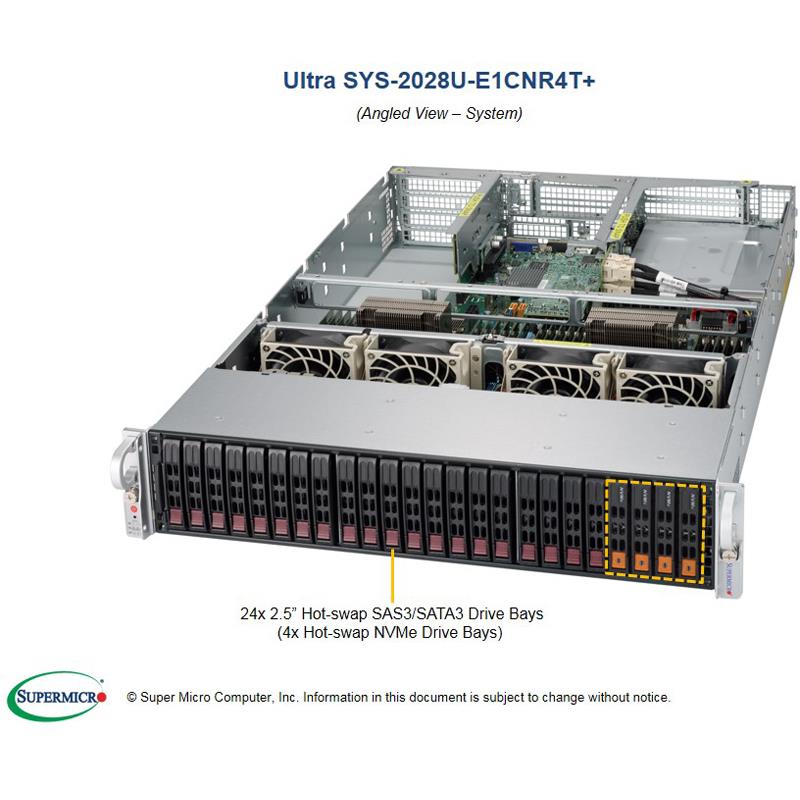 Server Rackmount 2U for 2x Intel Xeon processor E5-2600 v4/v3 families, 1.5TB DDR4 LRDIMM, SATA3, IPMI, 4x 10GBase-T LAN, VGA, 24x 2.5in Hot-swap HDD bays (Default 4x NVMe ports), Redundant 80+ Titanium Power Supply