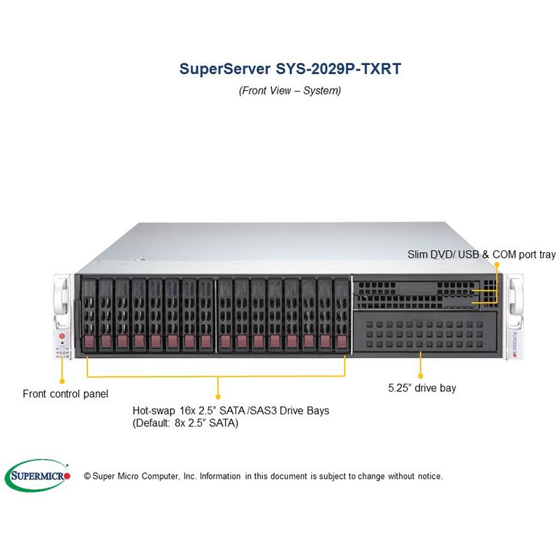 Barebone 2U Rackmount SuperServer, Dual Intel Xeon Scalable Processors Gen. 2, Intel C621 chipset, Up to 4TB DDR4 ECC 2933Mhz memory, 16 Hot-swap 2.5in drive bays, 2x 10GBase-T ports