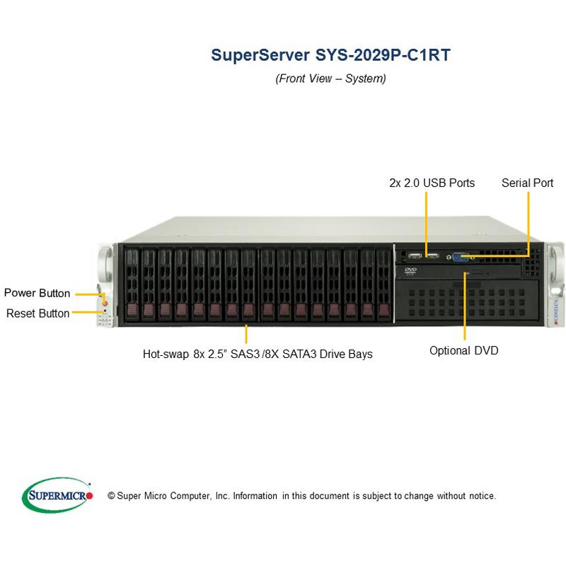 Barebone 2U Rackmount SuperServer, Dual Intel Xeon Scalable Processors Gen. 2, Intel C622 chipset, Up to 4TB 3DS LRDIMM DDR4 ECC 2933Mhz memory, 16 Hot-swap 2.5in drive bays, 2x 10GBase-T ports