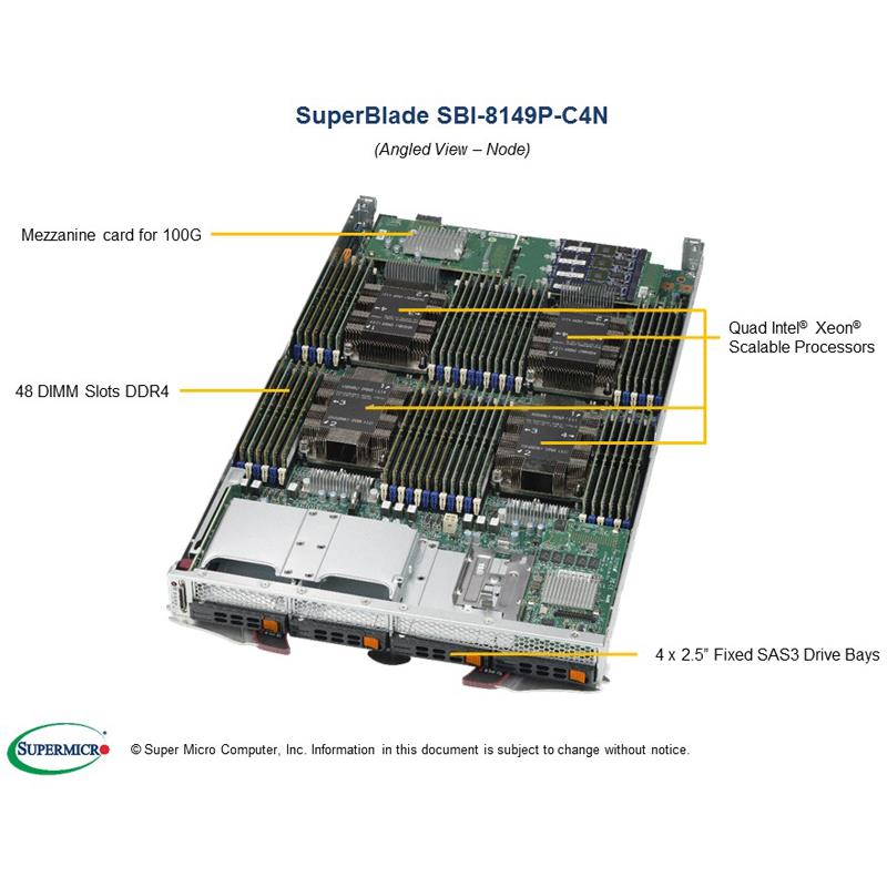 SuperBlade Server for Up to Quad Xeon Scalable processors Gen. 2, Socket P LGA 3647, QPI up to 10.4GT/s - Supports up to 12TB DDR4 ECC LRDIMM / RDIMM in 48x 288 DIMM slots