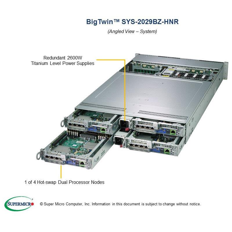 Barebone 2U Rackmount SuperServer, 4 Hot-pluggable nodes, Each node supports Dual Intel Xeon Scalable Processors Gen. 2, Intel C621 chipset, Up to 6TB DDR4 ECC 2933MHz memory, 6 Hot-swap 2.5in drive bays --- Complete System Only (Must Include CPU, MEM, HDD and one SIOM card)