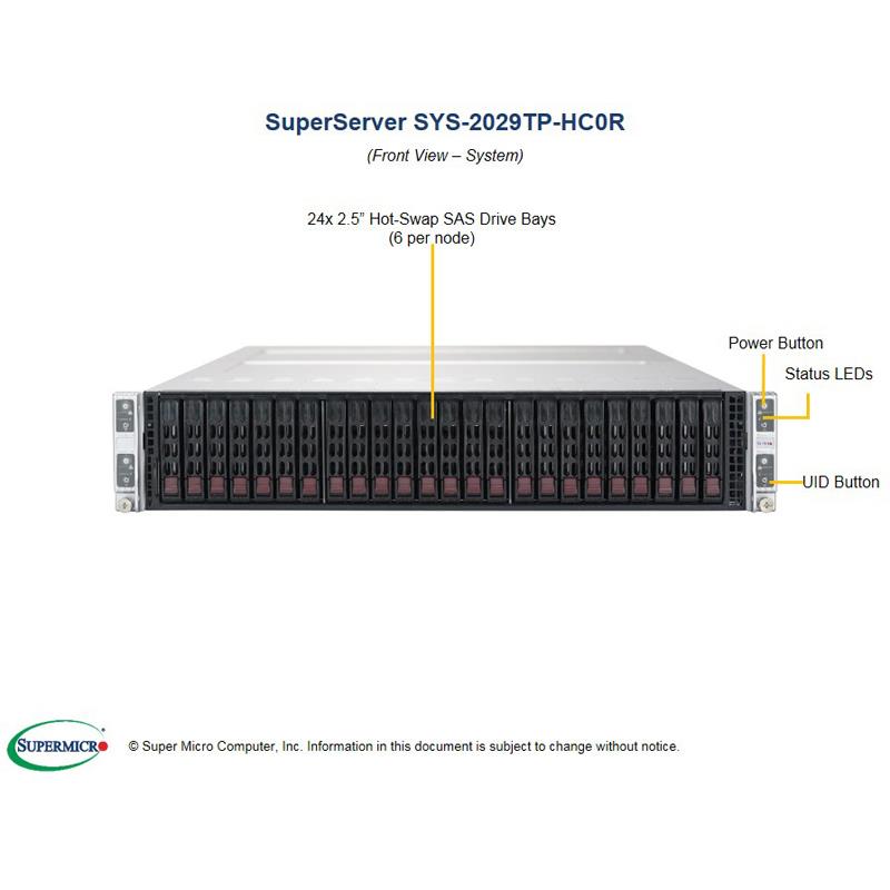 Barebone 2U Rackmount SuperServer, 4 Hot-pluggable nodes, Each node supports Dual Intel Xeon Scalable Processors Gen. 2, Intel C621 chipset, Up to 4TB DDR4 ECC 2933MHz memory, Broadcom 3008 SAS3 controller, 6 Hot-swap 2.5in drive bays, Flexible Networking support via SIOM