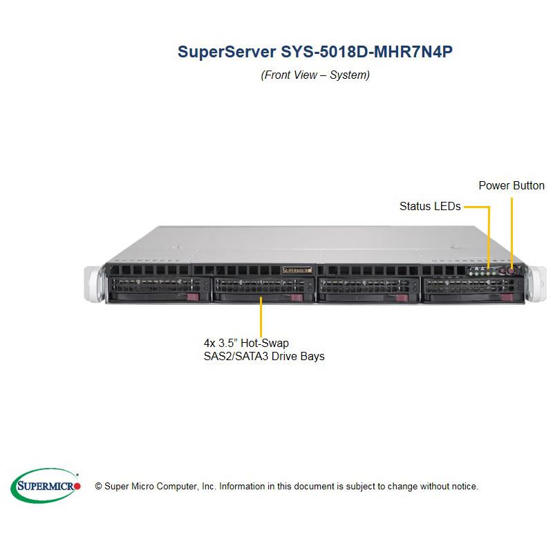 Barebone 1U Rackmount SuperServer, Single Intel Xeon Processor D-1537, System On Chip, Up to 128GB DDR4 ECC 2133Mhz memory, Broadcom 2116 (IT mode) SW controller, 4 Hot-swap 3.5in drive bays Dual 10G SFP+ from D-1500 SoC, Dual 1GbE with Intel I210