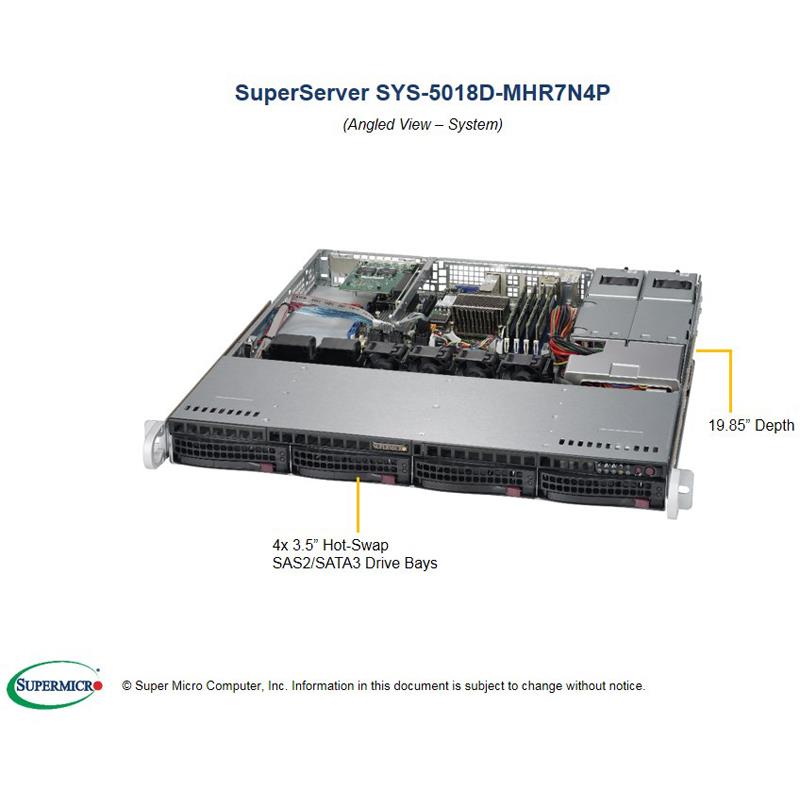 Barebone 1U Rackmount SuperServer, Single Intel Xeon Processor D-1537, System On Chip, Up to 128GB DDR4 ECC 2133Mhz memory, Broadcom 2116 (IT mode) SW controller, 4 Hot-swap 3.5in drive bays Dual 10G SFP+ from D-1500 SoC, Dual 1GbE with Intel I210