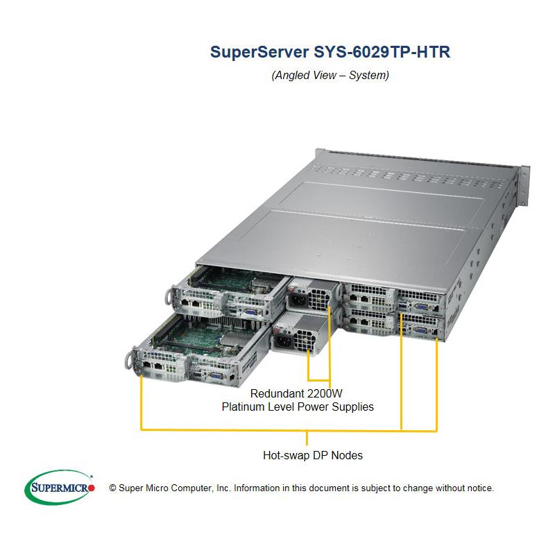 Barebone 2U Rackmount SuperServer, 4 Hot-pluggable Nodes, Each node supports, Dual Intel Xeon Scalable Processors Gen. 2, Intel C621 chipset, Up to 4TB DDR4 ECC 2933MHz memory  3 Hot-swap 3.5in drive bays (Must bundle with at least one SIOM network card)