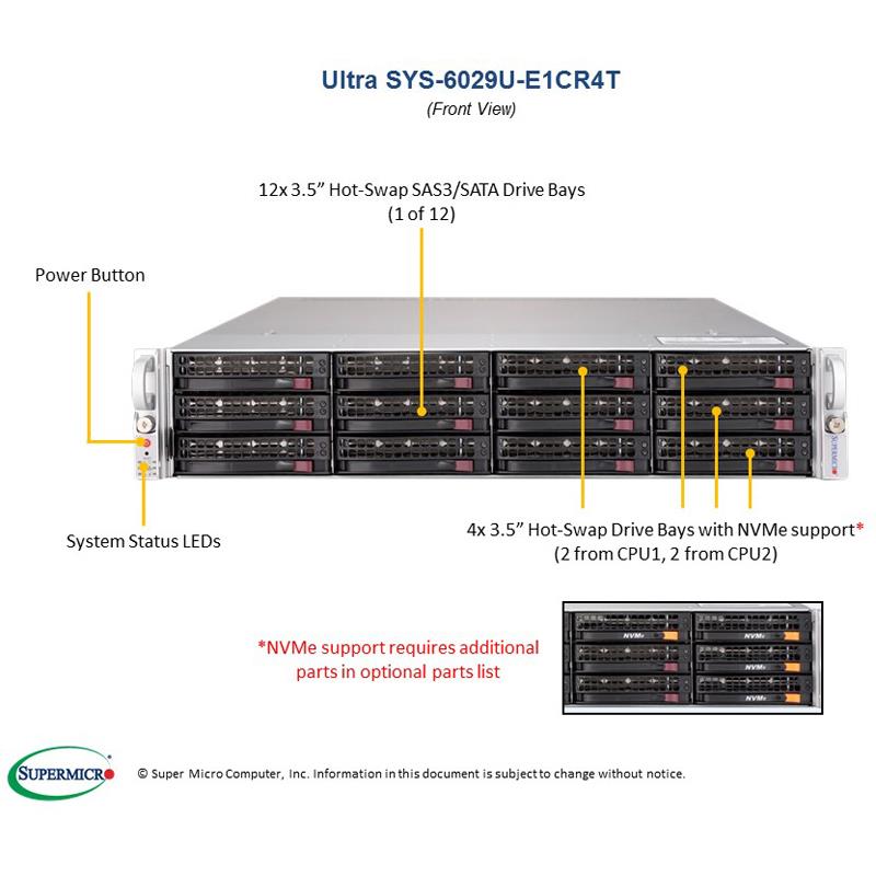 Barebone 2U Rackmount SuperServer, Dual Intel Xeon Scalable Processors Gen. 2, Intel C621 chipset, Up to 6TB DDR4 ECC 2933Mhz memory, 12 Hot-swap 3.5in drive bays --- Complete System Only (Must Include CPU, MEM and HDD)