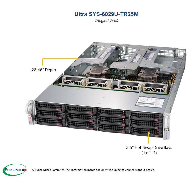 Barebone 2U Rackmount SuperServer, Dual Intel Xeon Scalable Processors Gen. 2, Intel C621 chipset, Up to 6TB DDR4 ECC 2933Mhz memory, 8 SAS3 + 4 SAS3/NVMe, 12 Hot-swap 3.5in drive bays --- Complete System Only (Must Include CPU, MEM and HDD)
