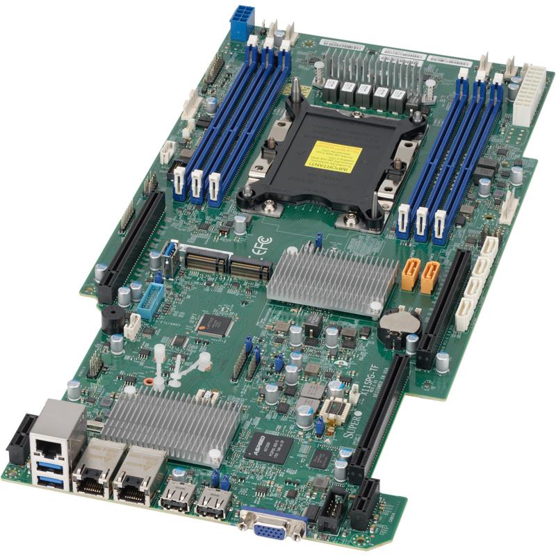 Supermicro X11SPG-TF-O Motherboard Intel Xeon Processor Scalable Gen.2 Family Single Socket P Intel C621, 3 x PCI-E 3.0 x16, 2 x 10GbE LAN ports, 6 x SATA (6Gbps) I/O: 1 x VGA, 1 x COM, TPM header Dual M.2 NGFF connectors