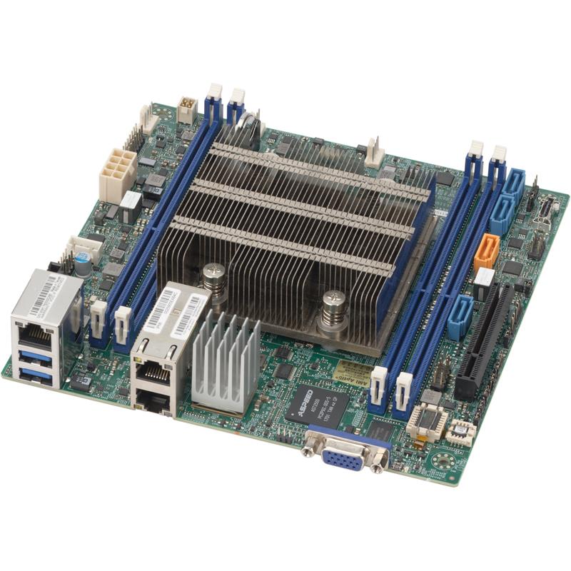 Supermicro X11SDV-4C-TLN2F Motherboard Mini-ITX Intel Xeon D-2123IT, 4-Core SoC (System on Chip), up to 256GB ECC Reg DDR4 memory, 8 SATA3 RAID 0,1,5,10 + 4 SATAports via OCuLink for NVMe, 2-port 10GbE    