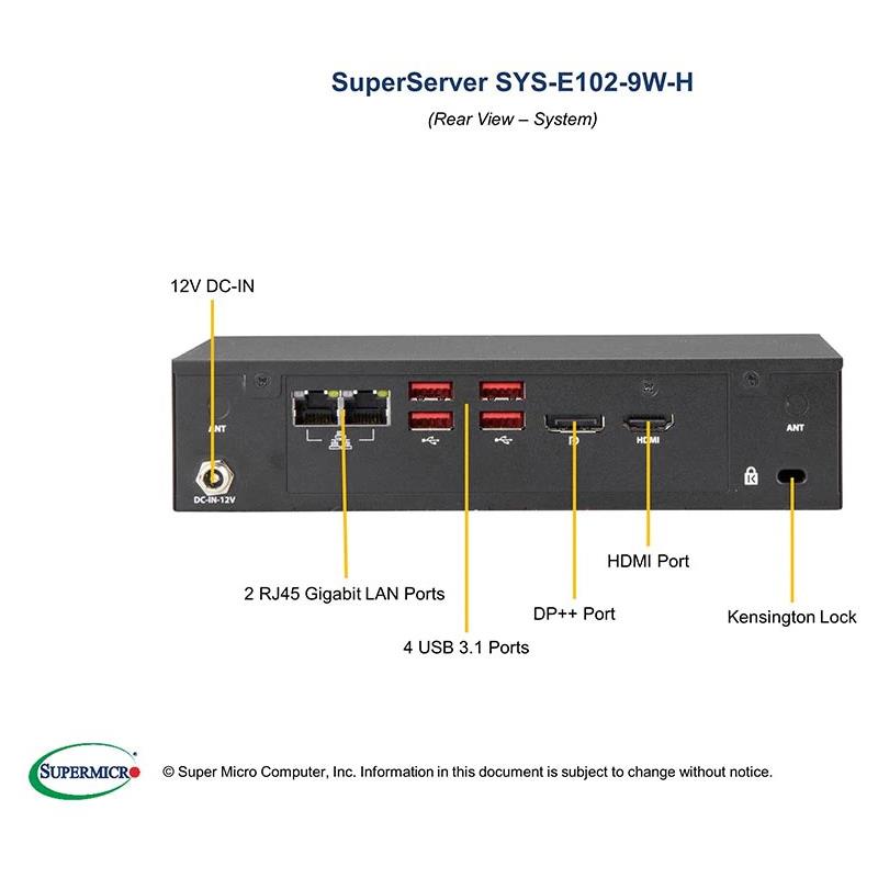 Supermicro SYS-E102-9W-H 3.5in SBC Single Intel i7 8665UE Processor Up to 64GB DIMM SATA3, NVMe Single LAN with Intel I210IT