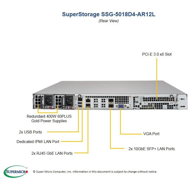 Supermicro SSG-5018D4-AR12L 1U Storage Barebone Embedded Intel Xeon D-1518 Processor
